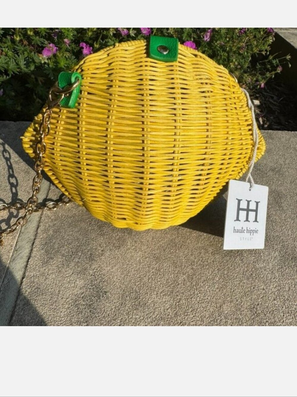 Haute Hippie Yellow Wicker Round Crossbody with Green Accents - Picture 1 of 2
